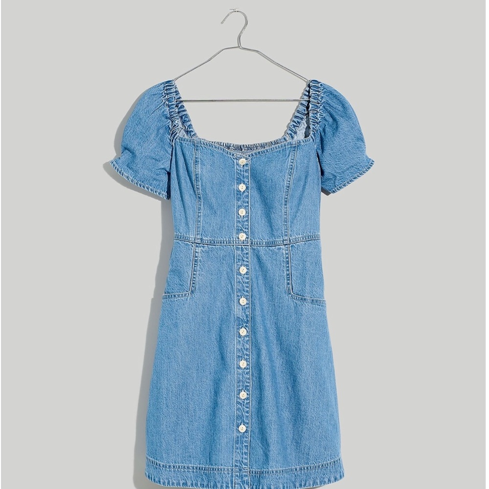 Denim Puff-Sleeve Mini Dress in Dawnshire Wash  - Size 10